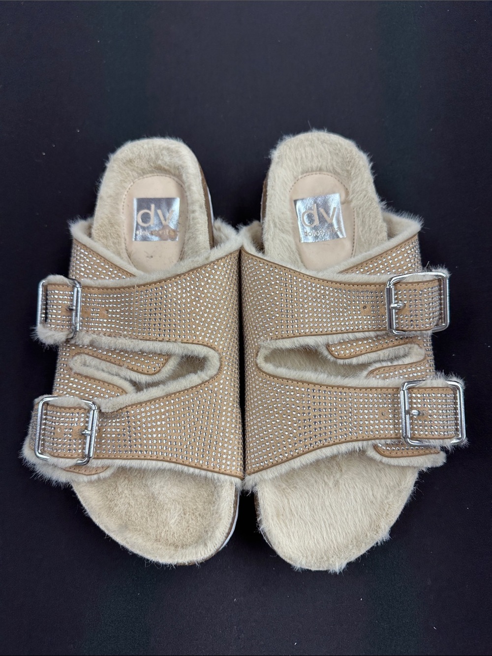 DV by Dolce Vita Beige Gold Sparkle Faux-Fur Slide Sandals with Buckles
